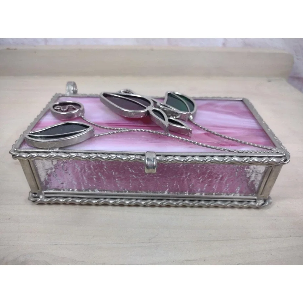 Vtg Stained Pink Slag Glass Jewelry Storage Box Red Roses 3D Lid